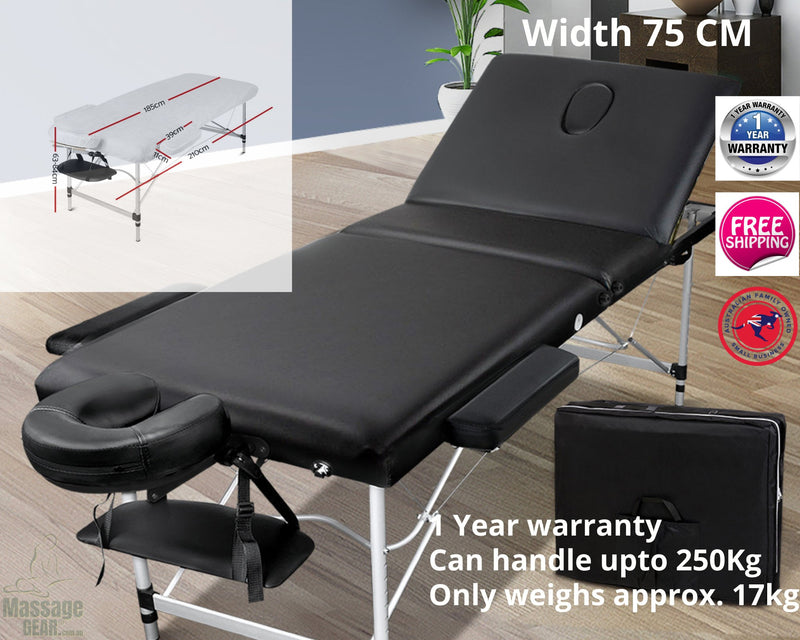Portable Massage Table 3 fold Black 75cm aluminium Massage Gear